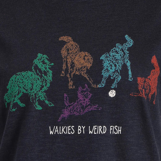 Navy blue t-shirt with colorful dog illustrations and 'Walkies by Weird Fish' text.