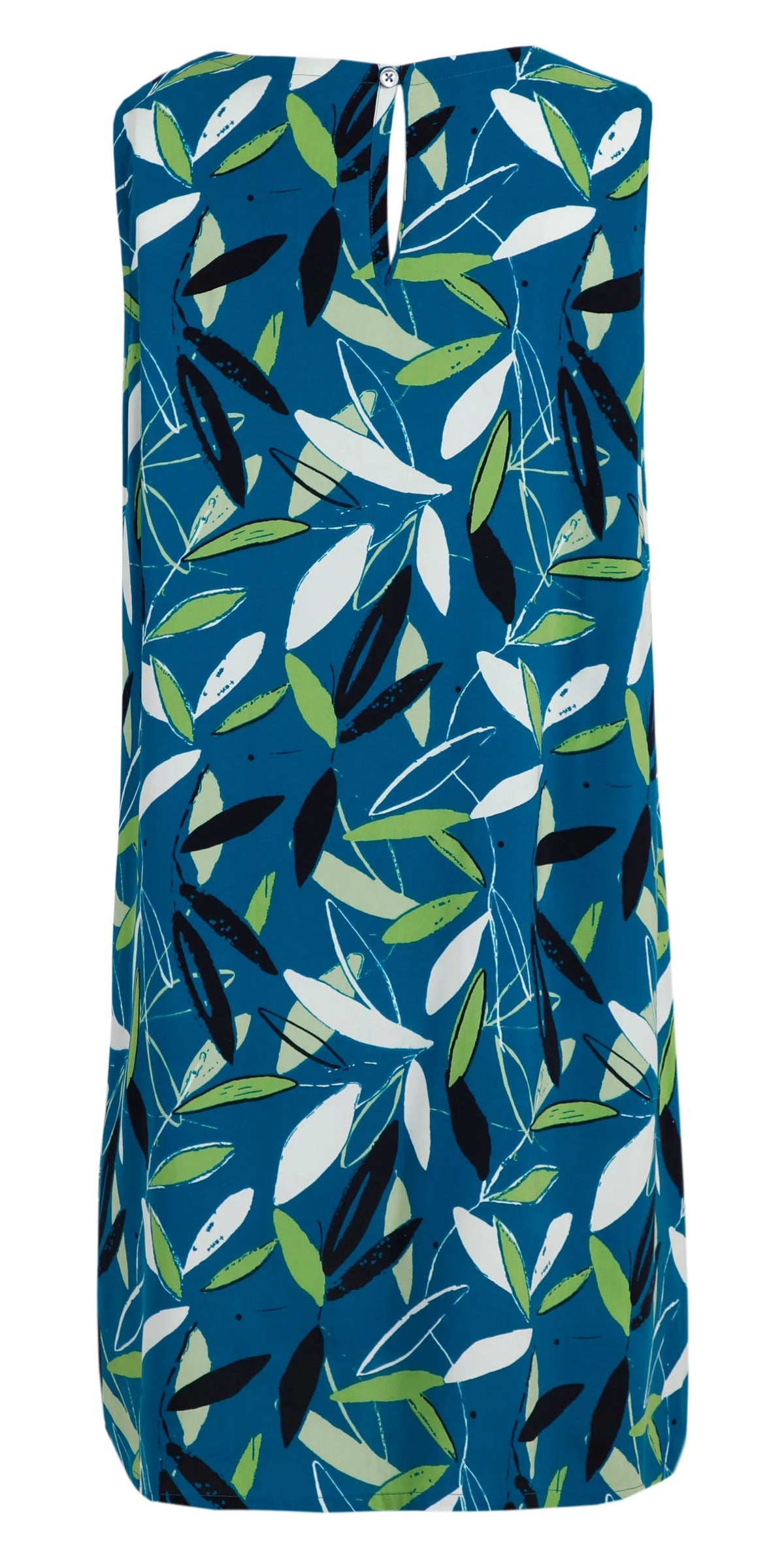 Weird Fish women's sleeveless high neck viscose Juhi tunic in Deep Sea Blue with a green, white and navy leaf print.