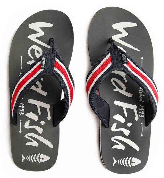 Weird Fish men's Waterford logo print sole flip flops in Grey with a red, white and navy stripe strap.