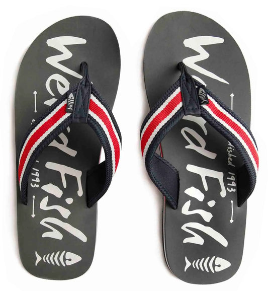 Weird Fish men's Waterford logo print sole flip flops in Grey with a red, white and navy stripe strap.