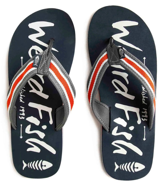 Weird Fish men's Waterford flip flops in Navy with a grey, white and orange strap and logo print footbed.