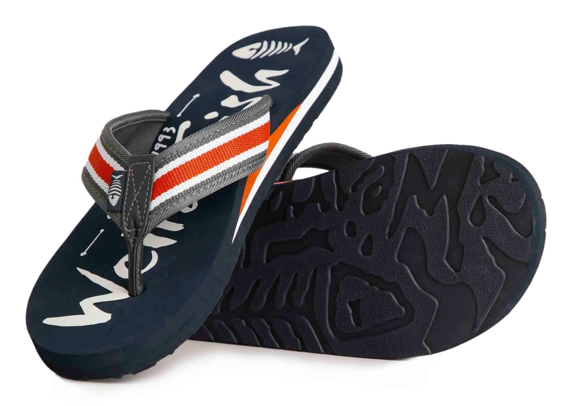Weird Fish men's Waterford flip flops in Navy with a grey, white and orange stripe strap and logo shaped outsole grips.
