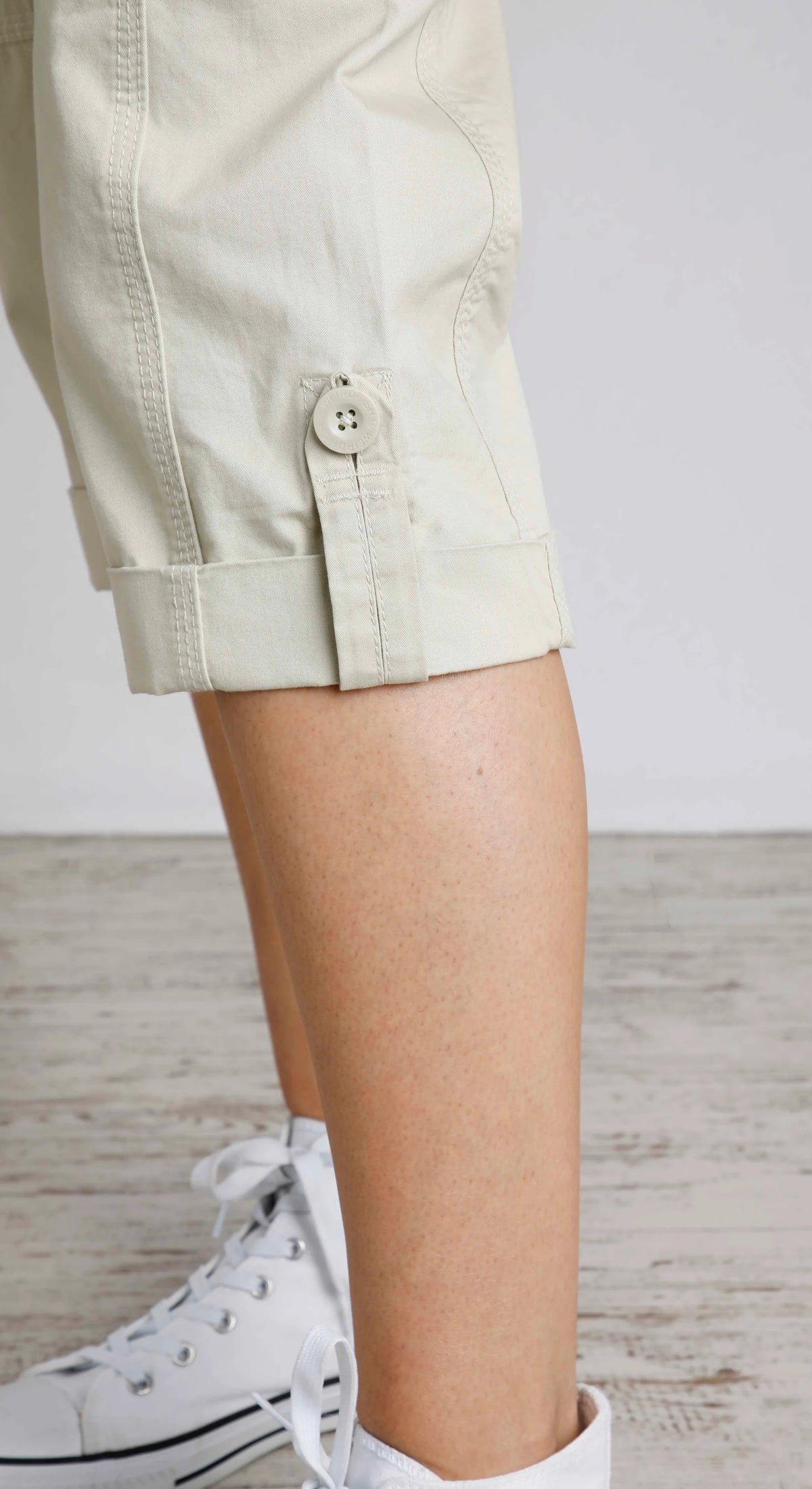 Weird Fish women's Salena cotton crop trousers in Oyster with turn up legs.