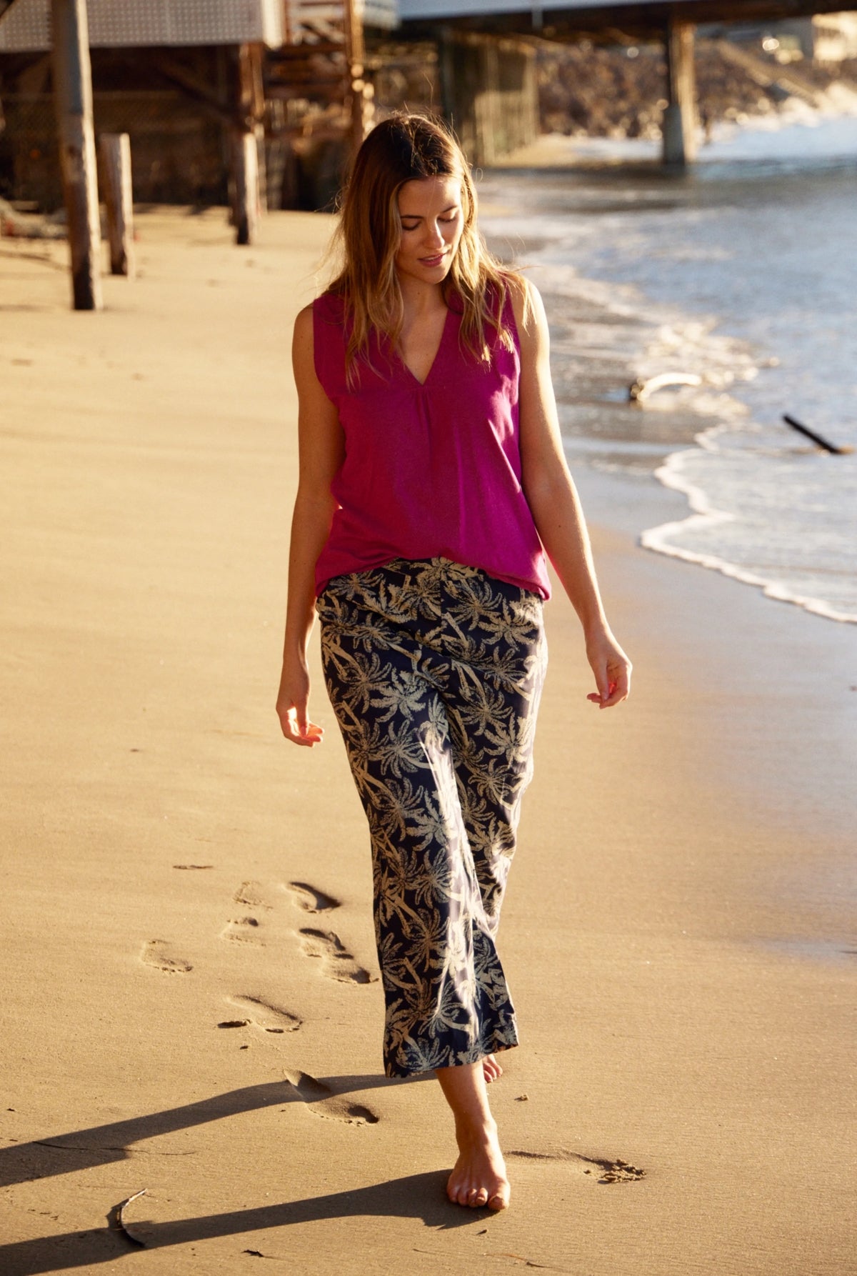 Palm tree pattern printed lightweight crop trousers for women from Weird Fish.