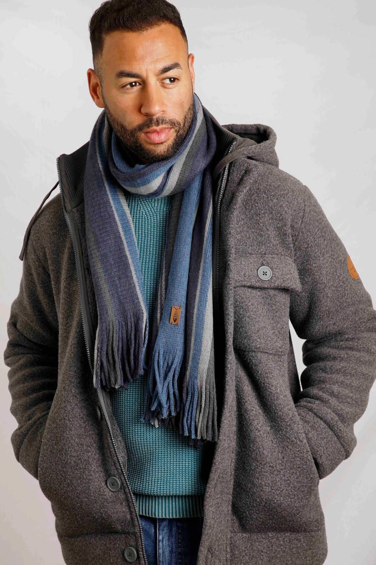 Men's Weird Fish Hartford scarf in Ensign Blue vertical stripe pattern.