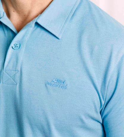 Men's two button neckline Jetstream polo shirt from Weird Fish in Sky Blue.