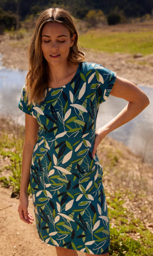 Weird Fish women's Tallahassee printed jersey dress in Deep Sea Blue with leaf pattern.