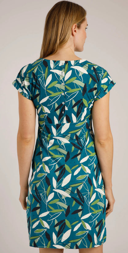 Weird Fish women's Tallahassee printed jersey dress in Deep Sea Blue with button back.