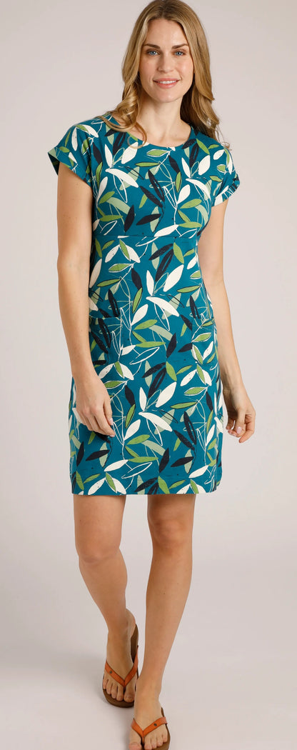Womens' Weird Fish short sleeve Tallahassee jersey dress in Deep Sea Blue with green, white and navy leaf print.