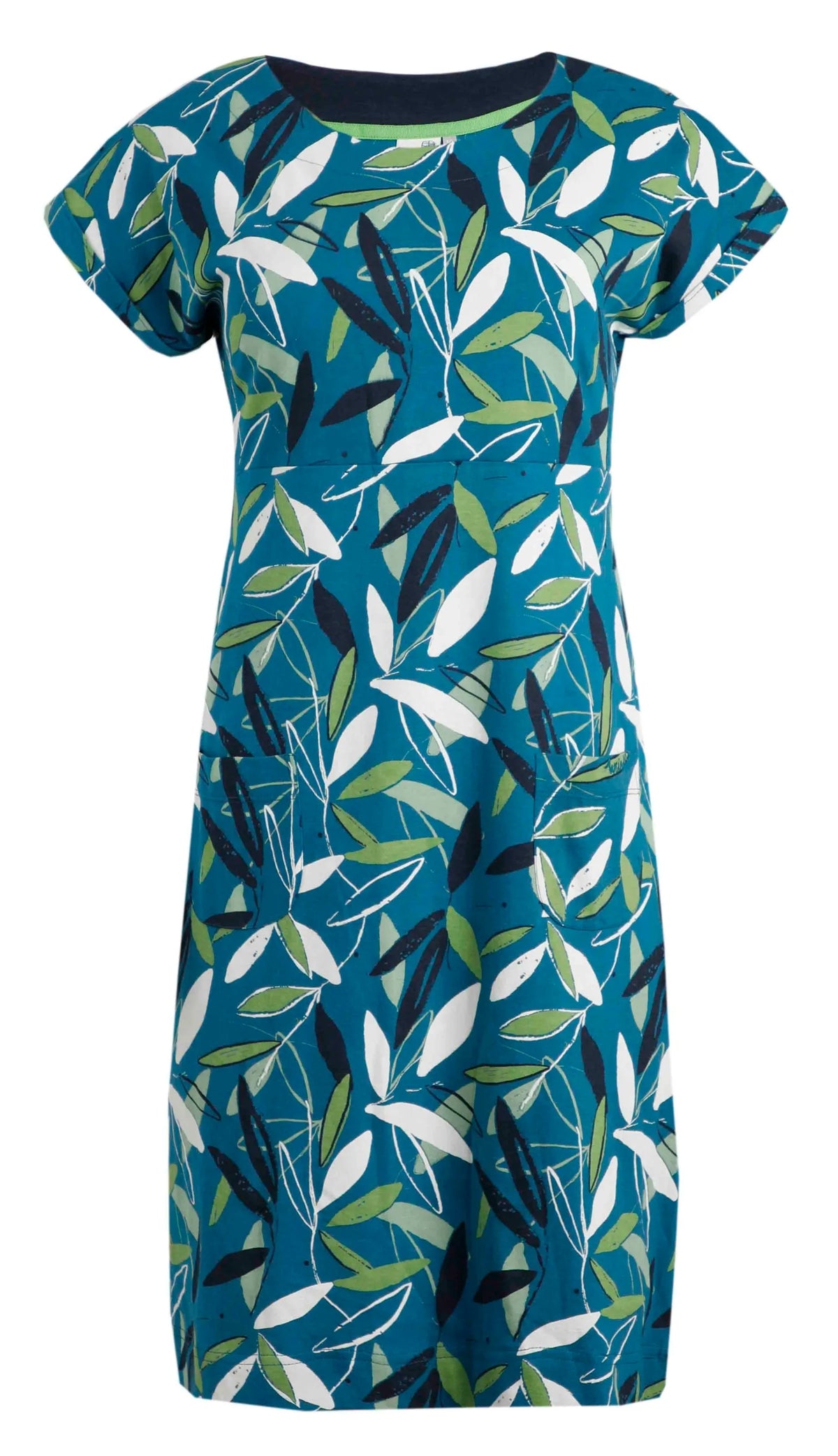 Weird Fish women's Tallahassee priinted jersey dress in Deep Sea Blue with floral leaf print.