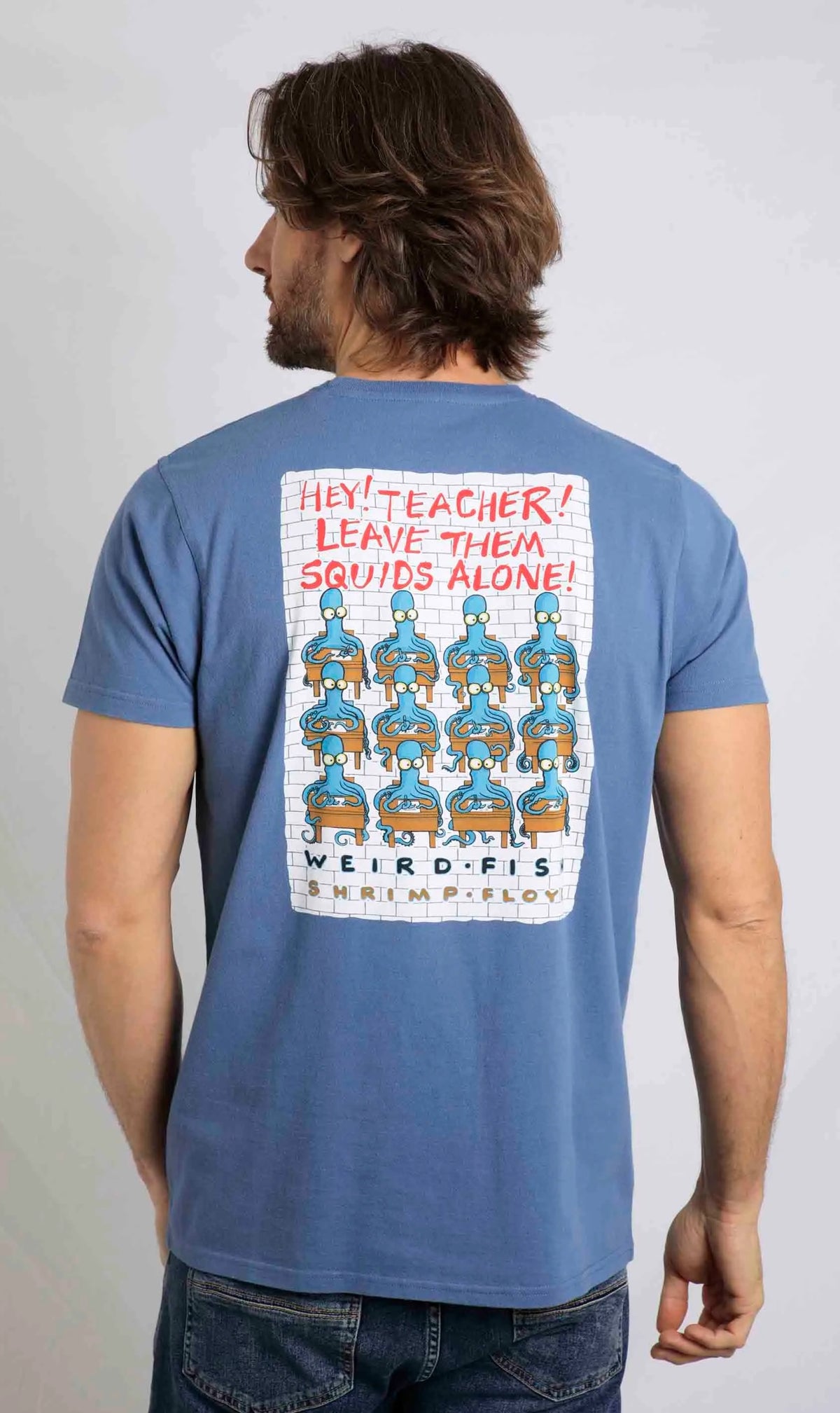 Weird Fish men's Hey Teacher Leave Them Squids Alone printed Pink Floyd themed t-shirt in mid blue.