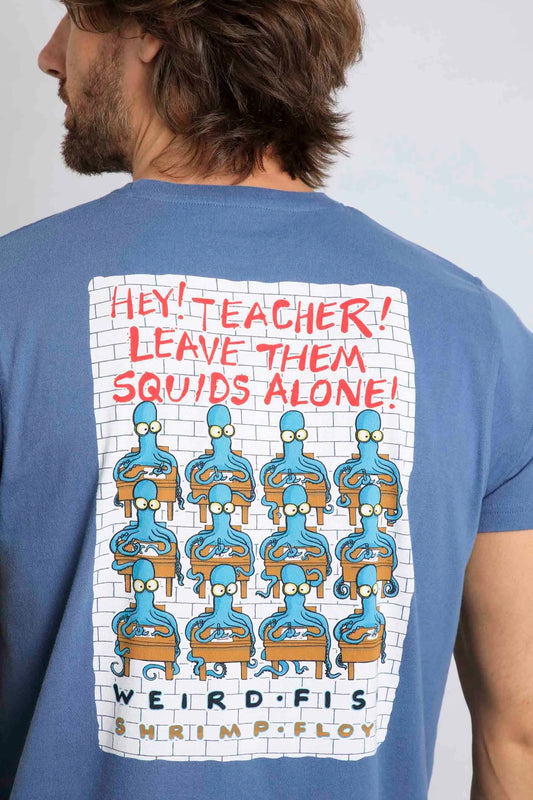 Weird Fish men's Hey Teacher printed Pink Floyd themed t-shirt in mid blue.