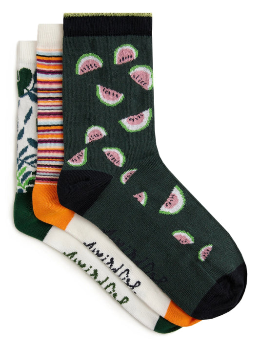 Weird Fish women's Parade three pack of cotton blend socks with watermelon, stripe and jungle / bird patterns.