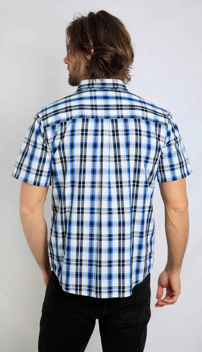 A men's short sleeve check pattern Judd shirt from Weird Fish in Blue Surf.