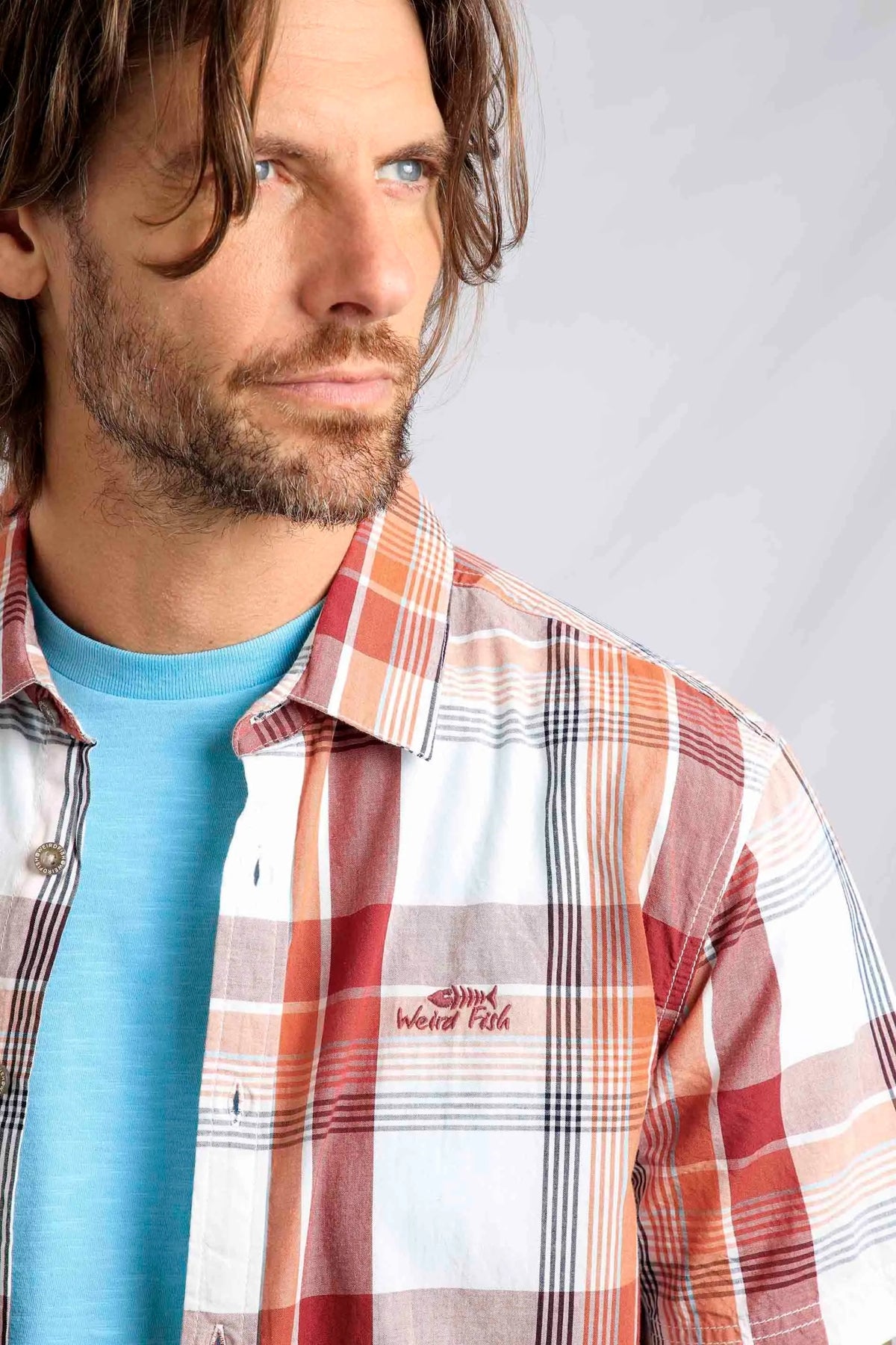 Weird Fish men's Judd short sleeve check shirt in a Chilli Red pattern with embroidered chest logo.