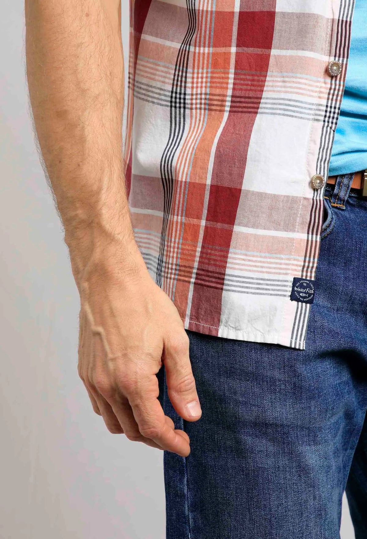 Chilli Red check patterned short sleeve Judd shirt from Weird Fish.