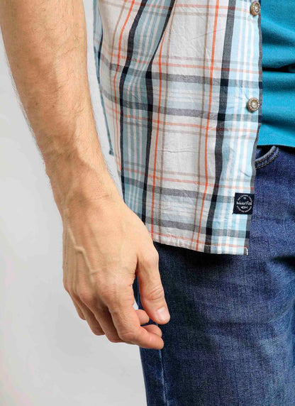 Ecru, blue and orange check patterned short sleeve Judd shirt from Weird Fish.