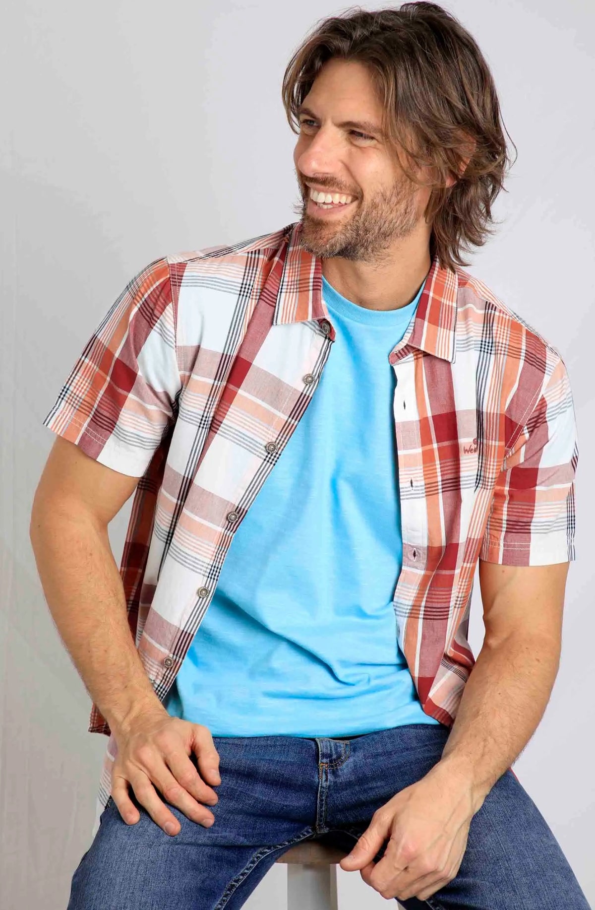Weird Fish men's Judd short sleeve check shirt in Chilli Red.