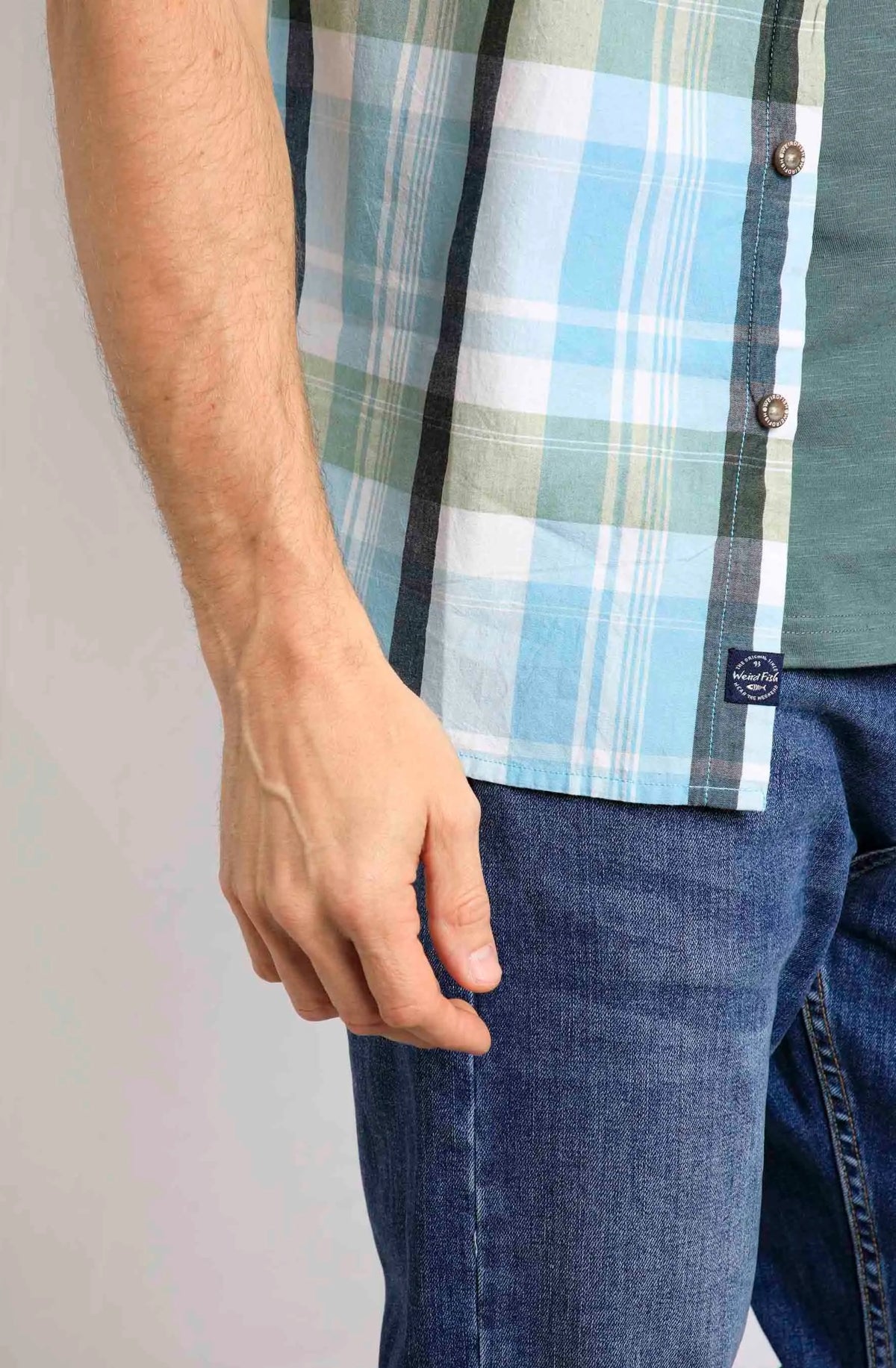 A men's short sleeve check pattern Judd shirt from Weird Fish in Sky Blue.