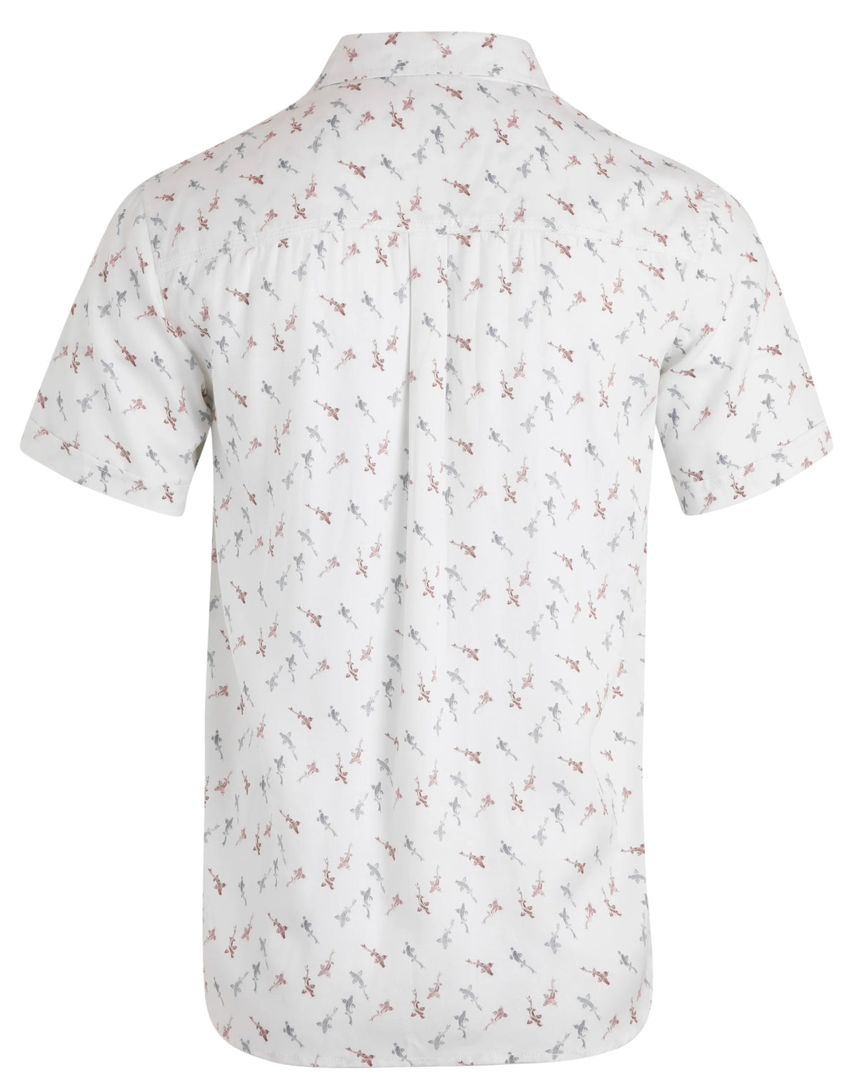 A fish print men's shirt from Weird Fish, the Keilor shirt in white has short sleeves, button through front and is made from a Tencel fabric.