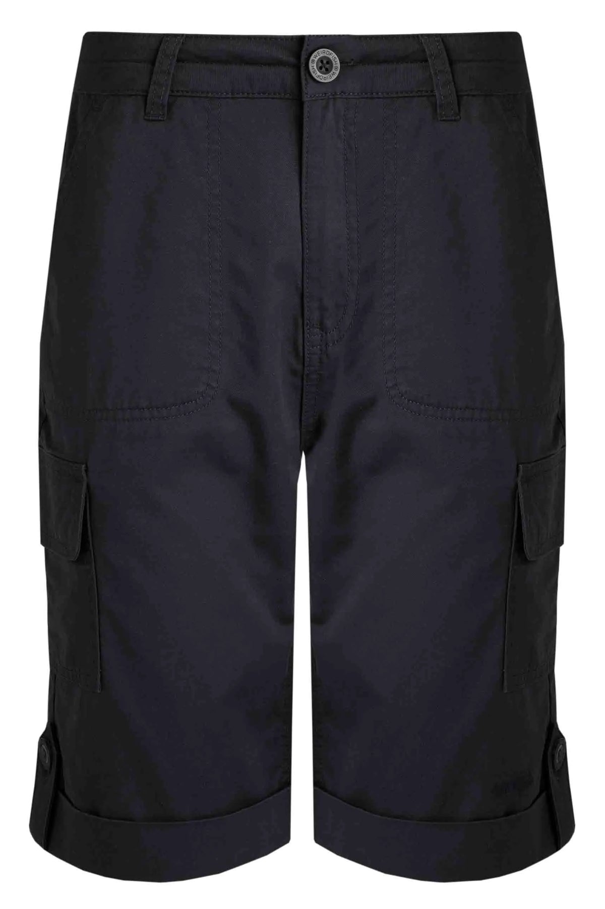 Weird Fish women's Navy knee length Rhae cargo shorts.