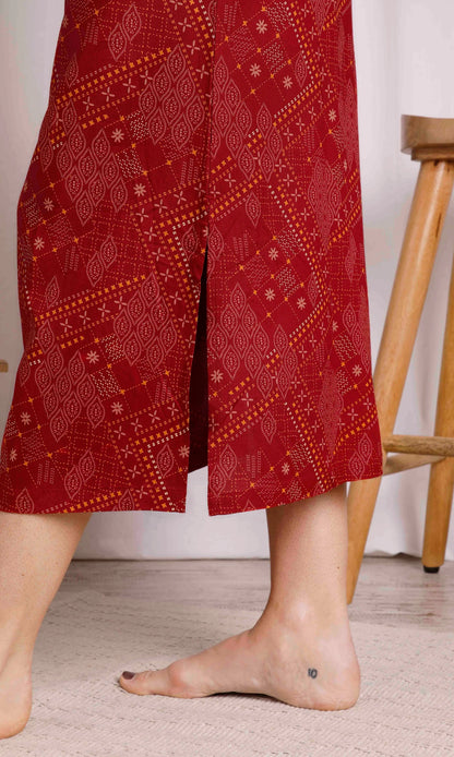 Moroccan style printed Gia midi skirt from Weird Fish in Chilli Red with side split.