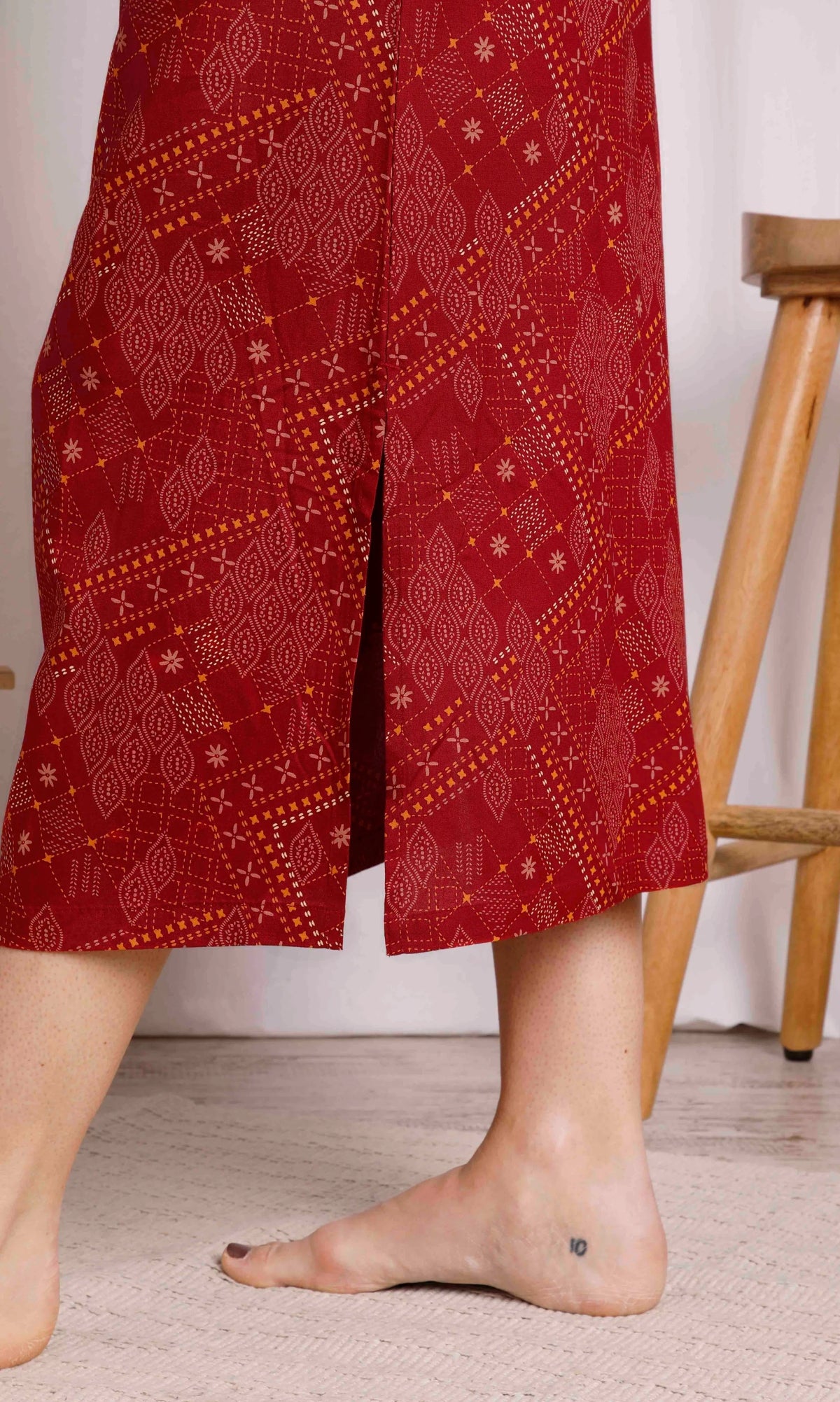 Moroccan style printed Gia midi skirt from Weird Fish in Chilli Red with side split.