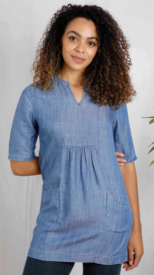 Weird Fish women's Moa Tencel tunic in Denim Blue.