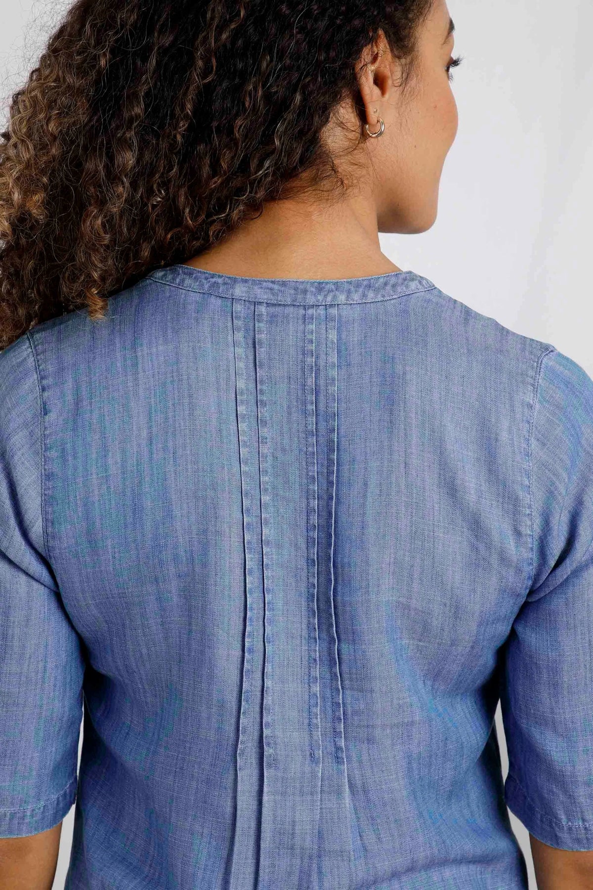Women's Moa Tencel tunic in Denim Blue from Weird Fish with pintuck back detail.