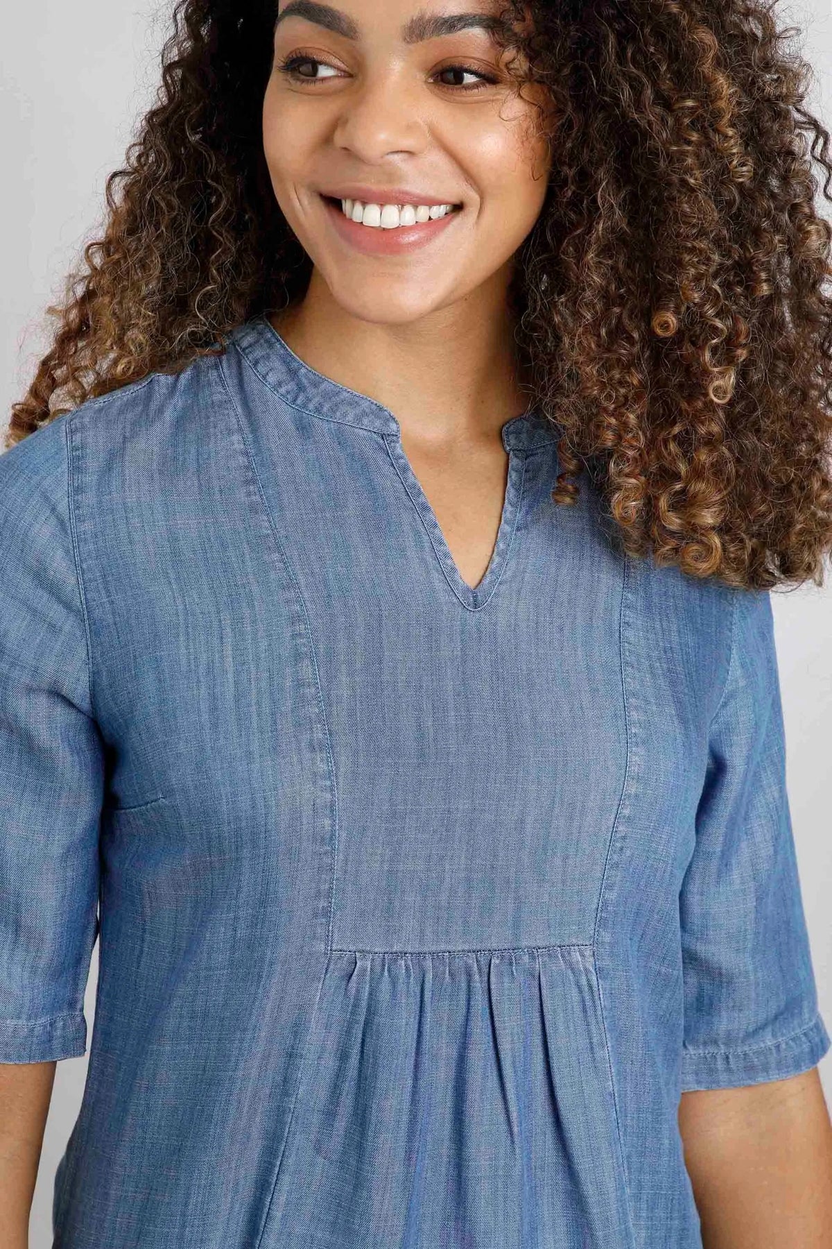 Weird Fish women's Moa Tencel tunic in Denim Blue with grandad neckline.