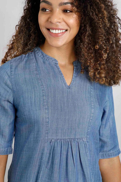 Weird Fish women's Moa Tencel tunic in Denim Blue with grandad neckline.