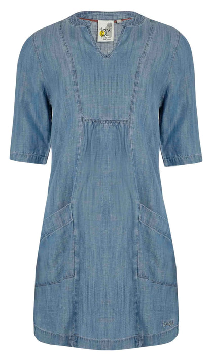 Women's half sleeve Denim Blue Moa Tencel tunic from Weird Fish with front pockets and chest pleats.