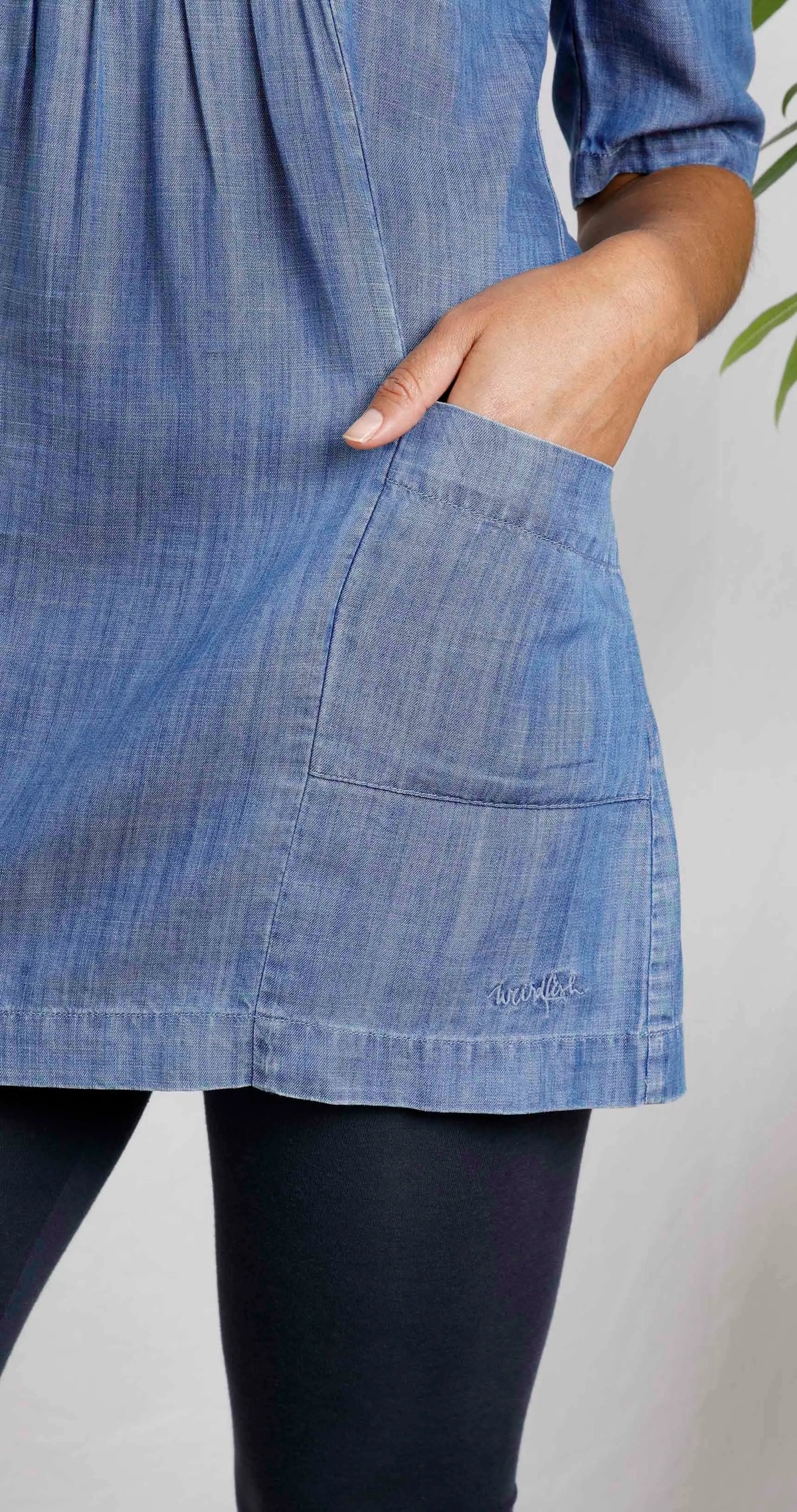 Weird Fish women's Moa Tencel tunic in Denim Blue with front pockets.