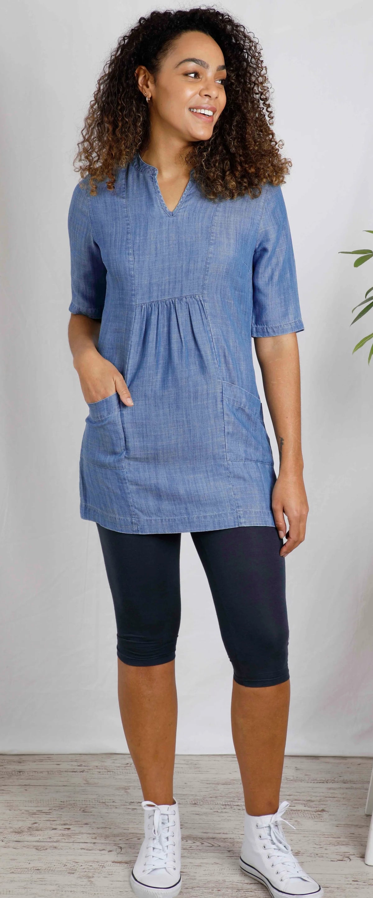 Womens 1/2 sleeve Moa Tencel tunic from Weird Fish in Denim Blue.