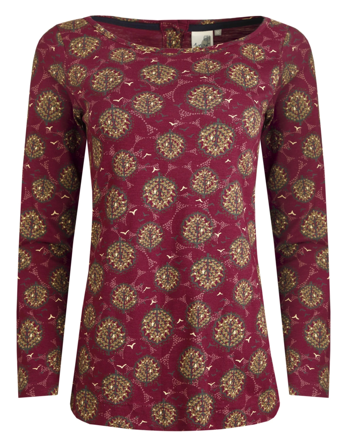 Weird Fish women's Tupelo long sleeve tee in Mulled Wine with abstract floral pattern.