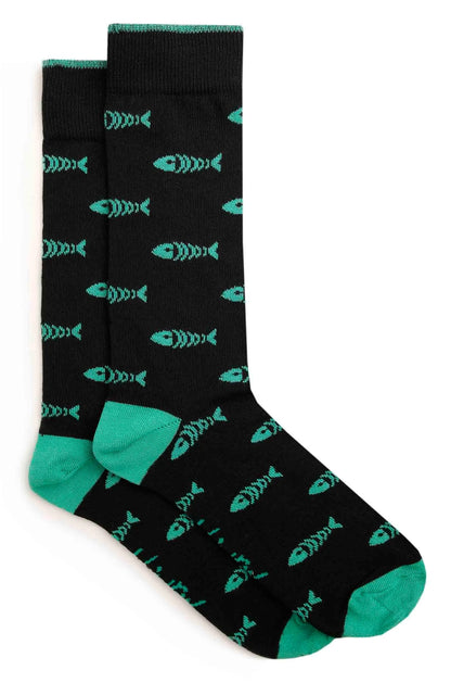 Men's Weird Fish Ronan green fishbone pattern socks.