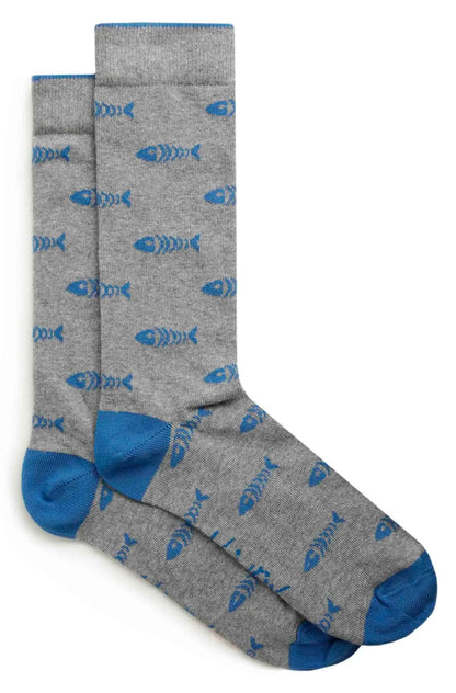 Men's Weird Fish Ronan grey and blue fishbone pattern socks.