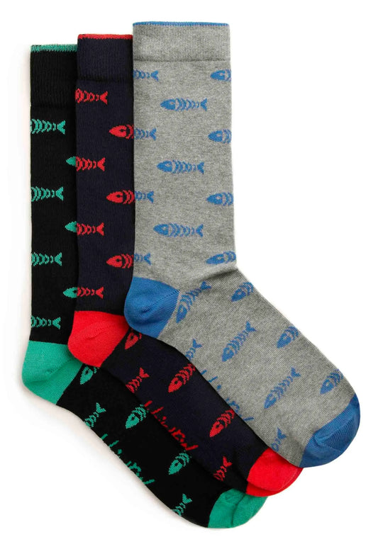 Weird Fish men's multicoloured Ronan three pack socks with fishbone print.