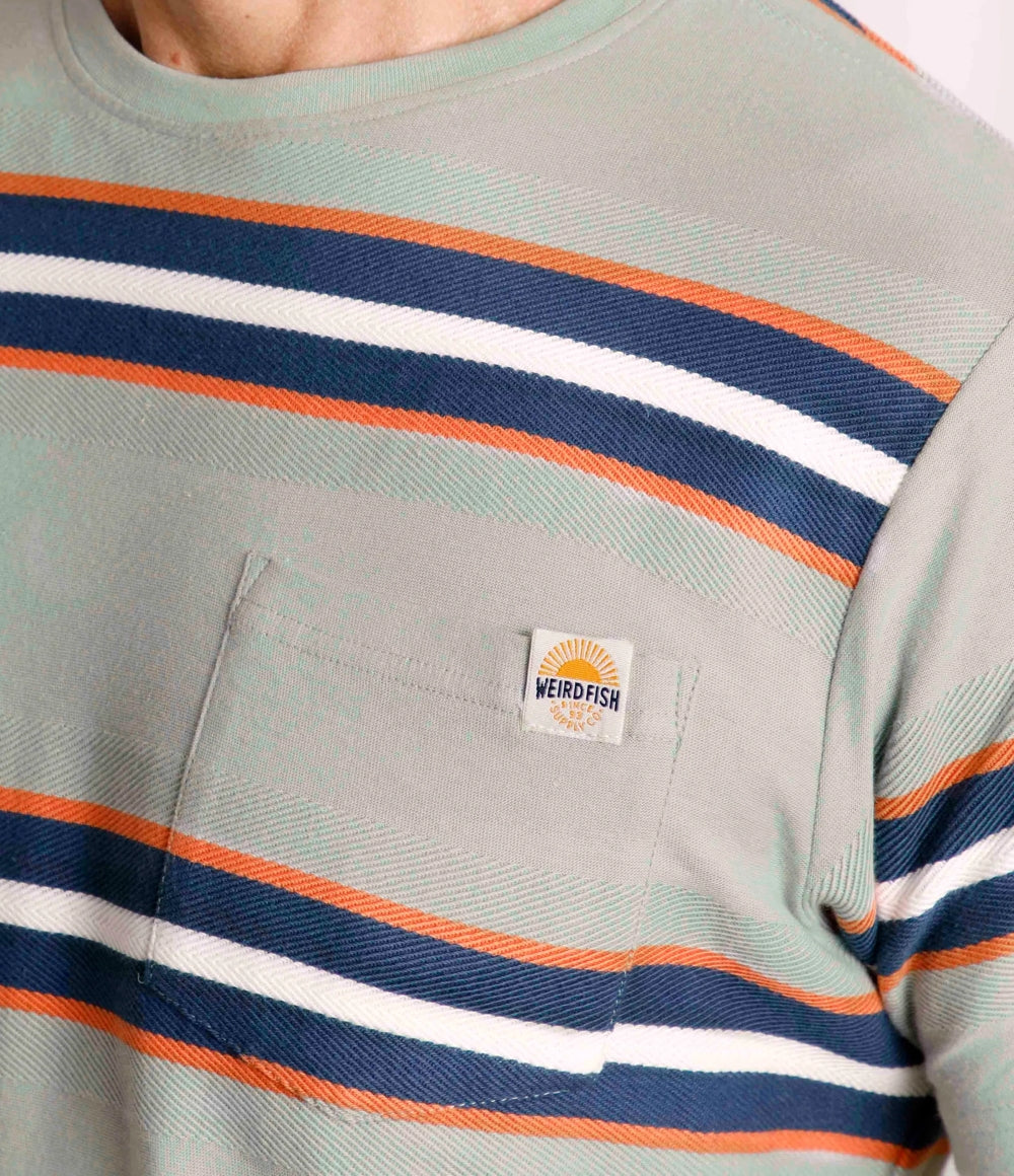 Weird Fish men's Littleton stripe t-shirt in Pistachio with one open pocket on the chest with logo label.
