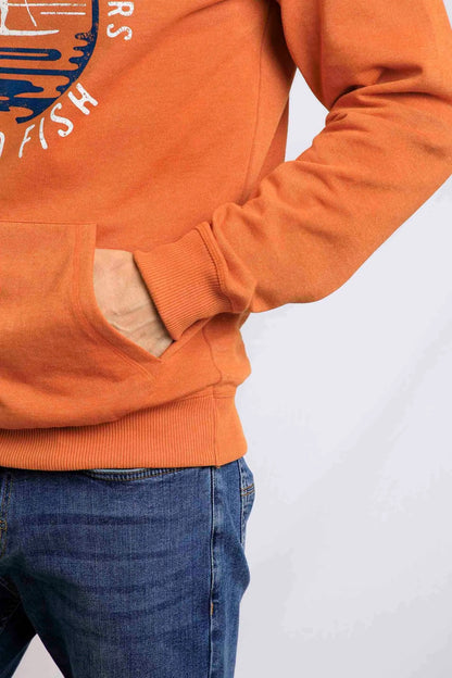 Weird Fish men's Bryant pop over Brick Orange hoodie with paddleboarder print and tummy pockets.