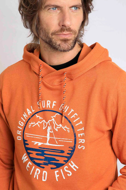 Men's Bryant pop over hoodie from Weird Fish in Brick Orange with paddleboarder logo printed on the chest.