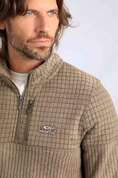 Weird Fish men's Longmont stripe grid textured fleece with chest zip pocket and logo in Bronze.