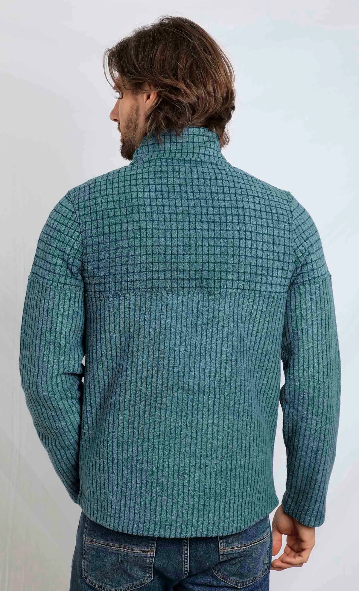 Weird Fish men's Longmont 1/4 zip stripe grid textured fleece in Deep Sea Blue.