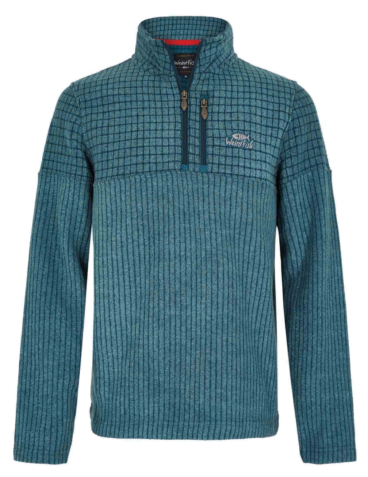 Weird Fish men's grid and stripe textured Longmont 1/4 zip fleece in Deep Sea Blue.