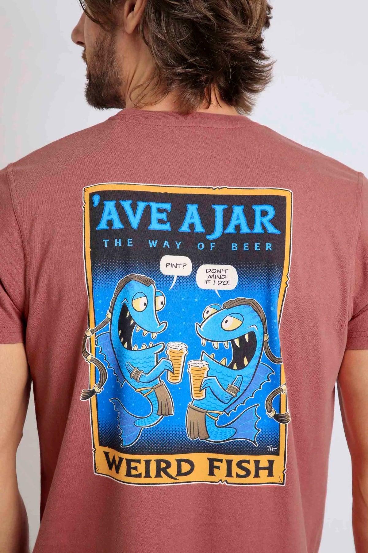 Weird Fish men's Ave a Jar printed Avatar: The Way of Water themed short sleeve t-shirt in Rosewood pink / red.