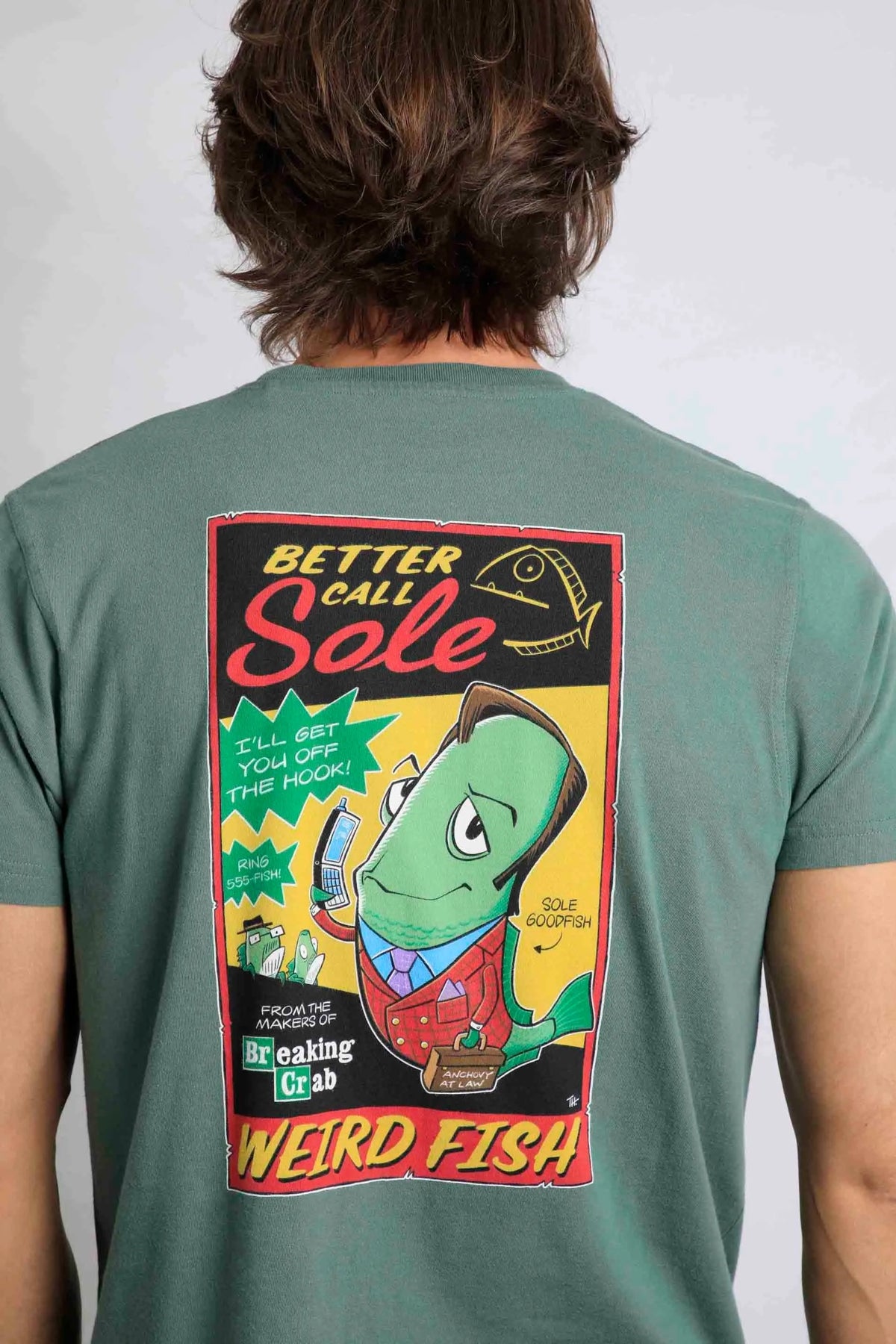 Men's Call Sole printed short sleeve tee from Weird Fish in Dusky Green, parody of the Better Call Saul TV series.