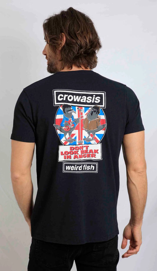 Weird Fish men's Crowasis printed tee in Black - parody of the band Oasis.