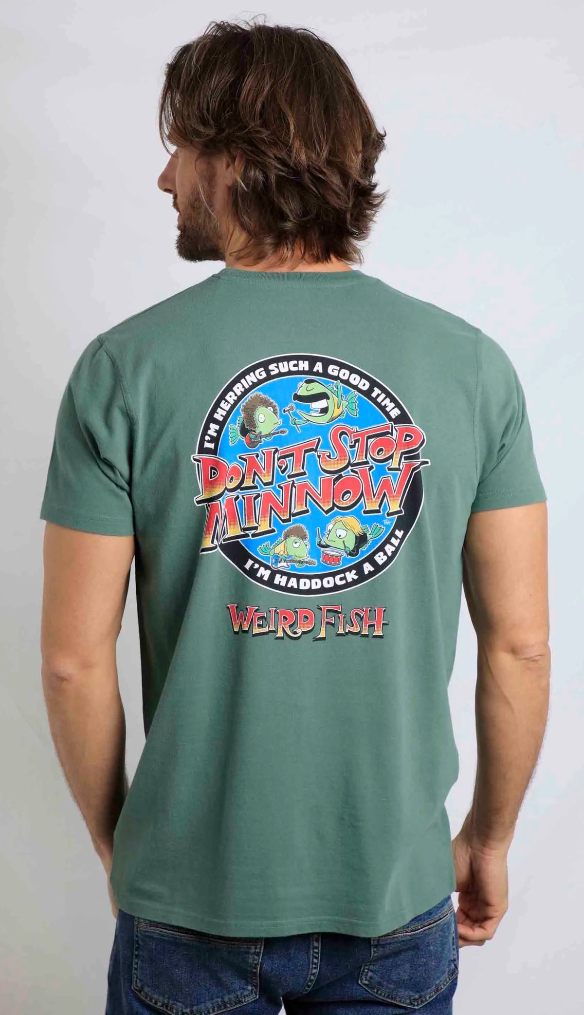 Men's Stop Minnow printed short sleeve tee from Weird Fish in Dusky Green, a parody of the Queen song Don't Stop Me Now.