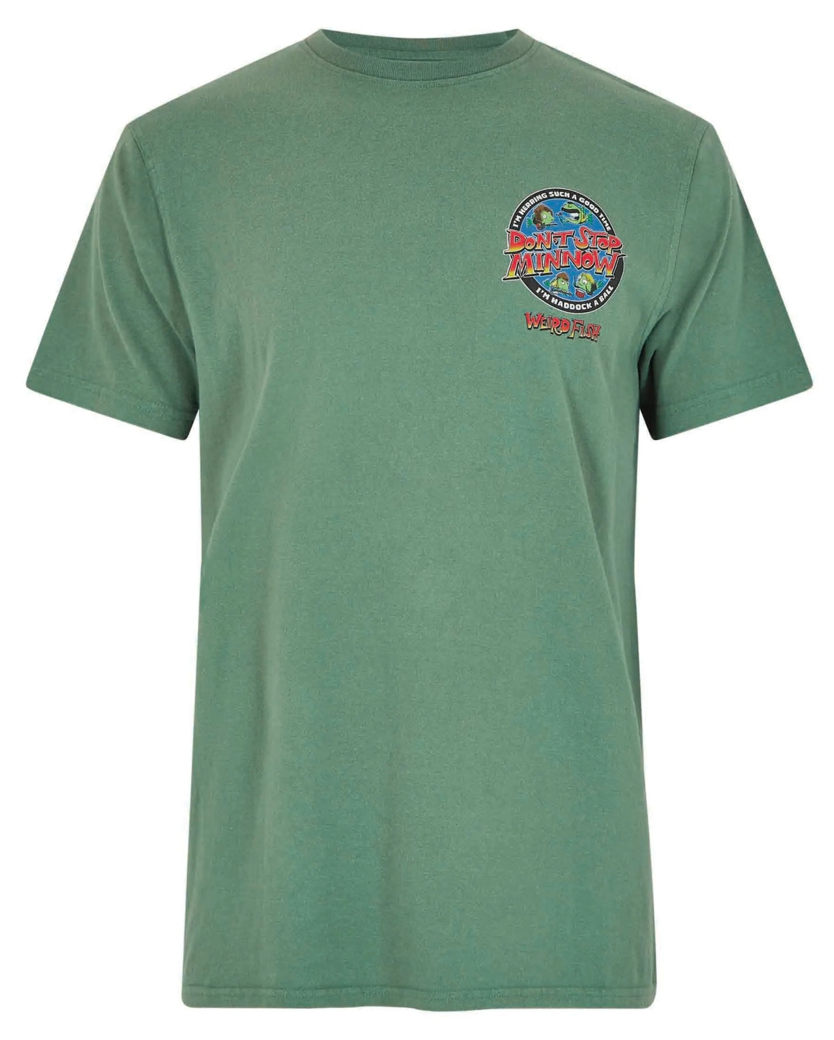 A men's short sleeve crew neck tee from Weird Fish in Dusky Green featuring their Queen themed Stop Minnow print.