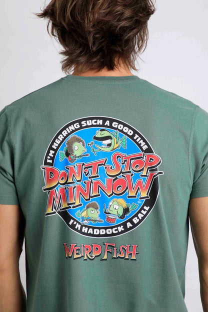 Don't Stop Minnow Queen song parody printed men's t-shirt from Weird Fish in Dusky Green